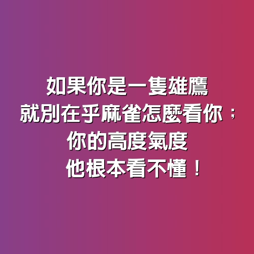 如果你是一隻雄鷹，就別在乎麻雀怎麼看你；你的高度氣度，他根本看不懂！