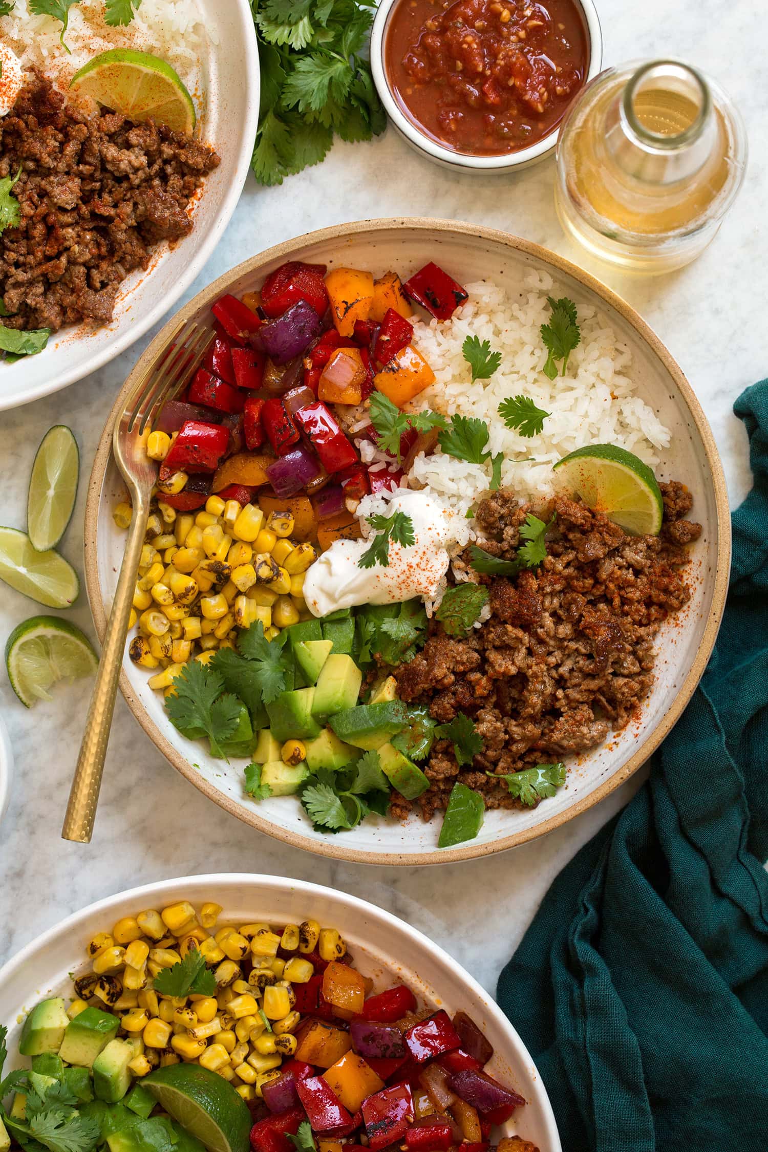 Ground Beef Fajita Bowls with Rice, Peppers, and Avocado
