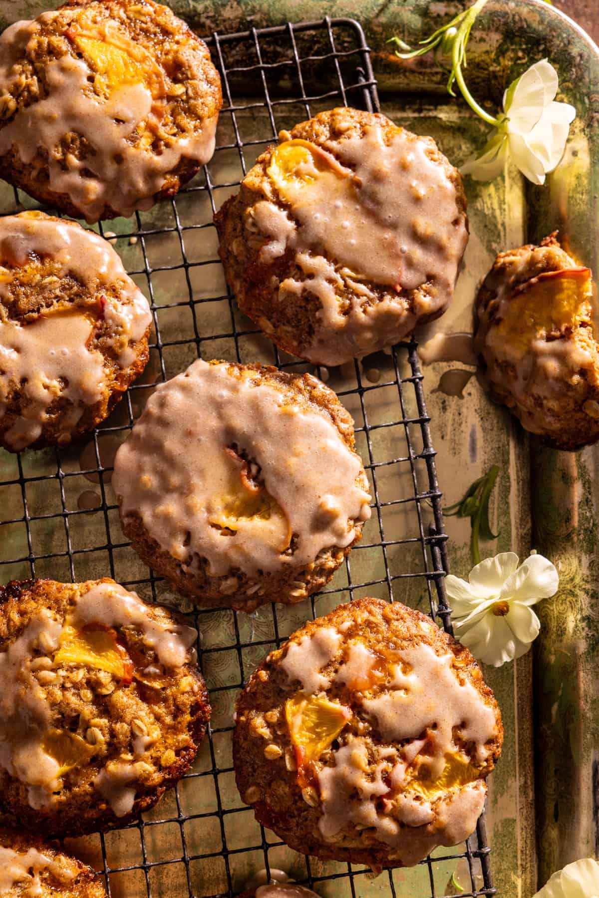Iced Brown Butter Peach Oatmeal Cookies with Cinnamon Vanilla Icing