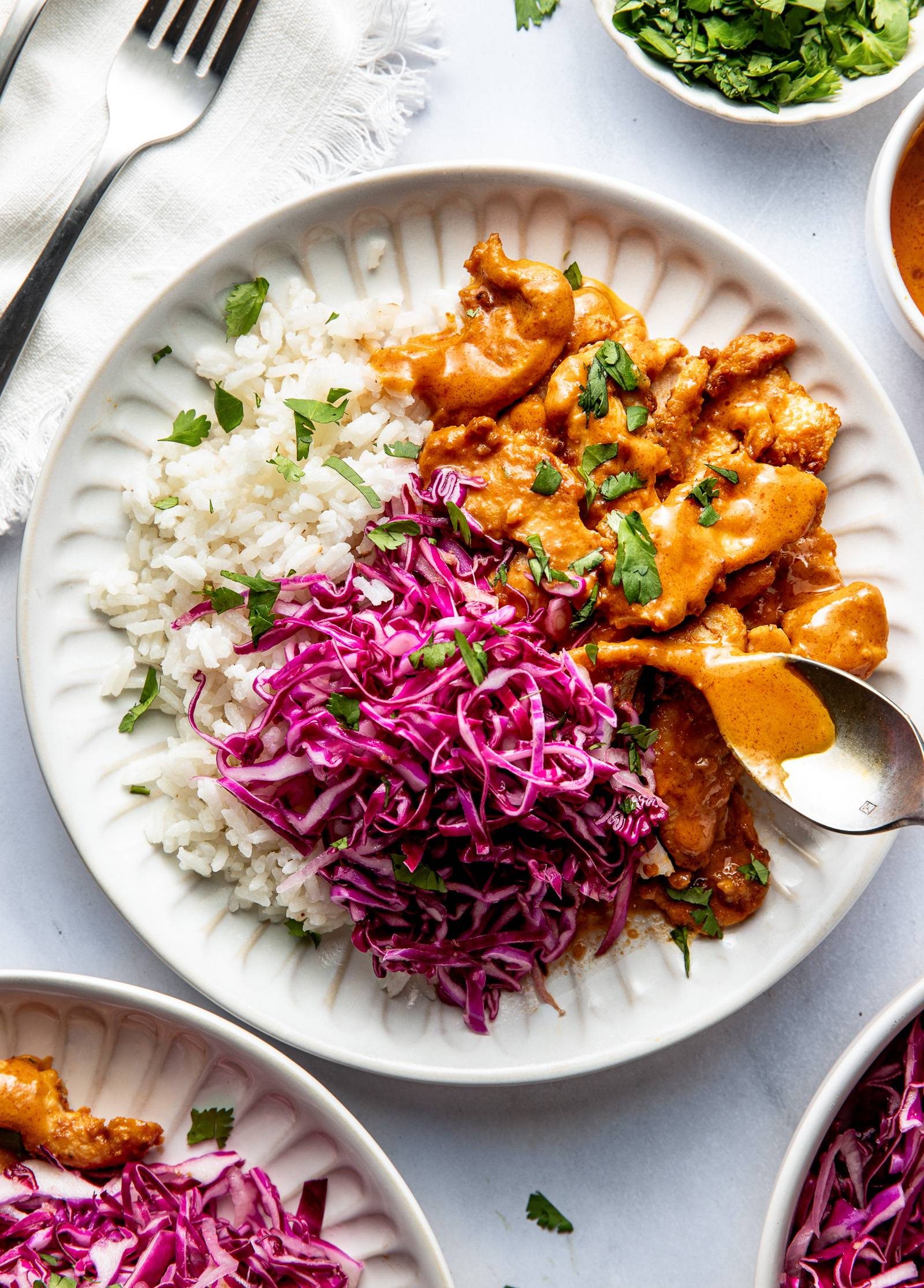 Peanut Chicken with Ginger Slaw and Coconut Rice