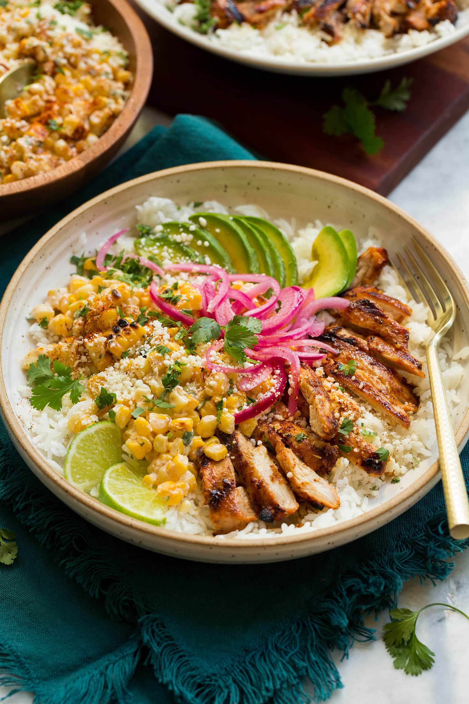 Street Corn Chicken Rice Bowls with Grilled Corn Salad