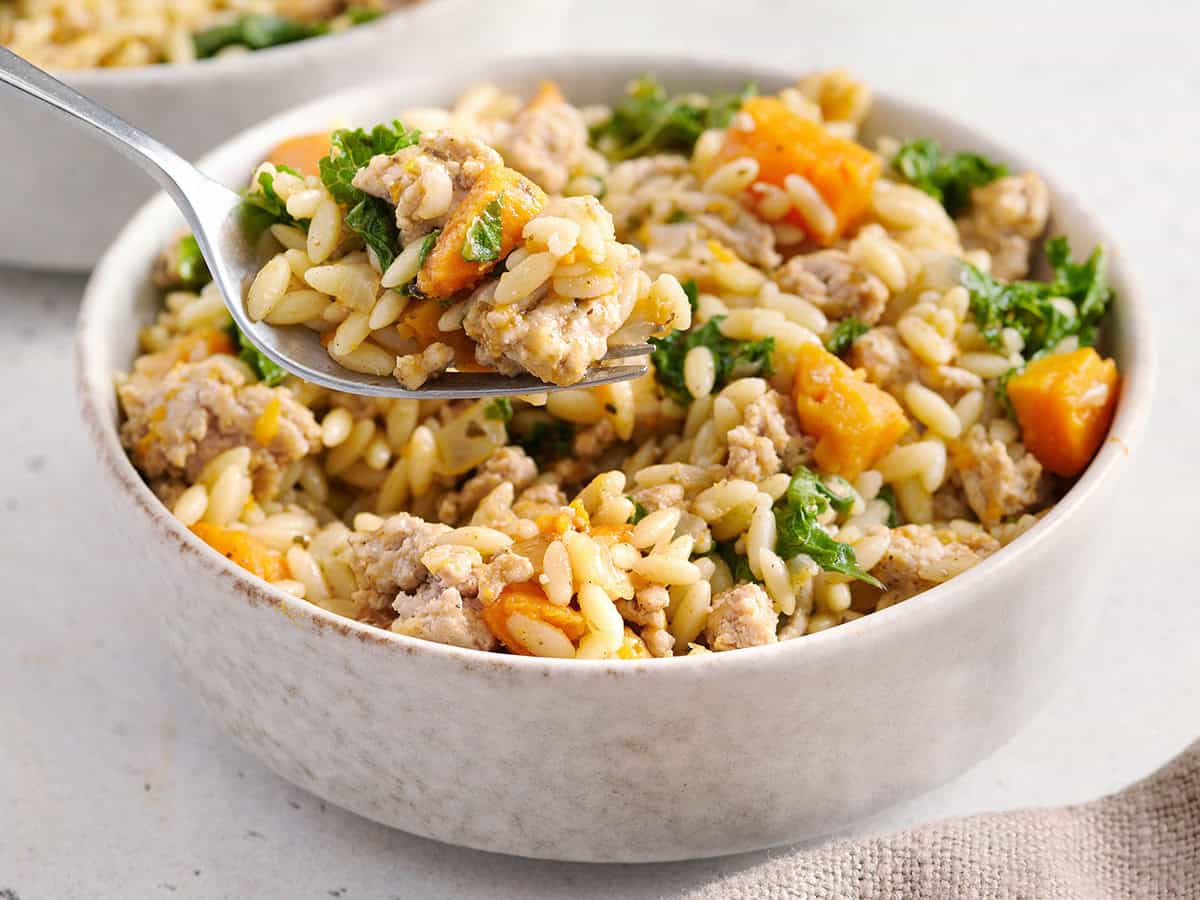 Sweet Potato and Ground Turkey Skillet with Parmesan Orzo