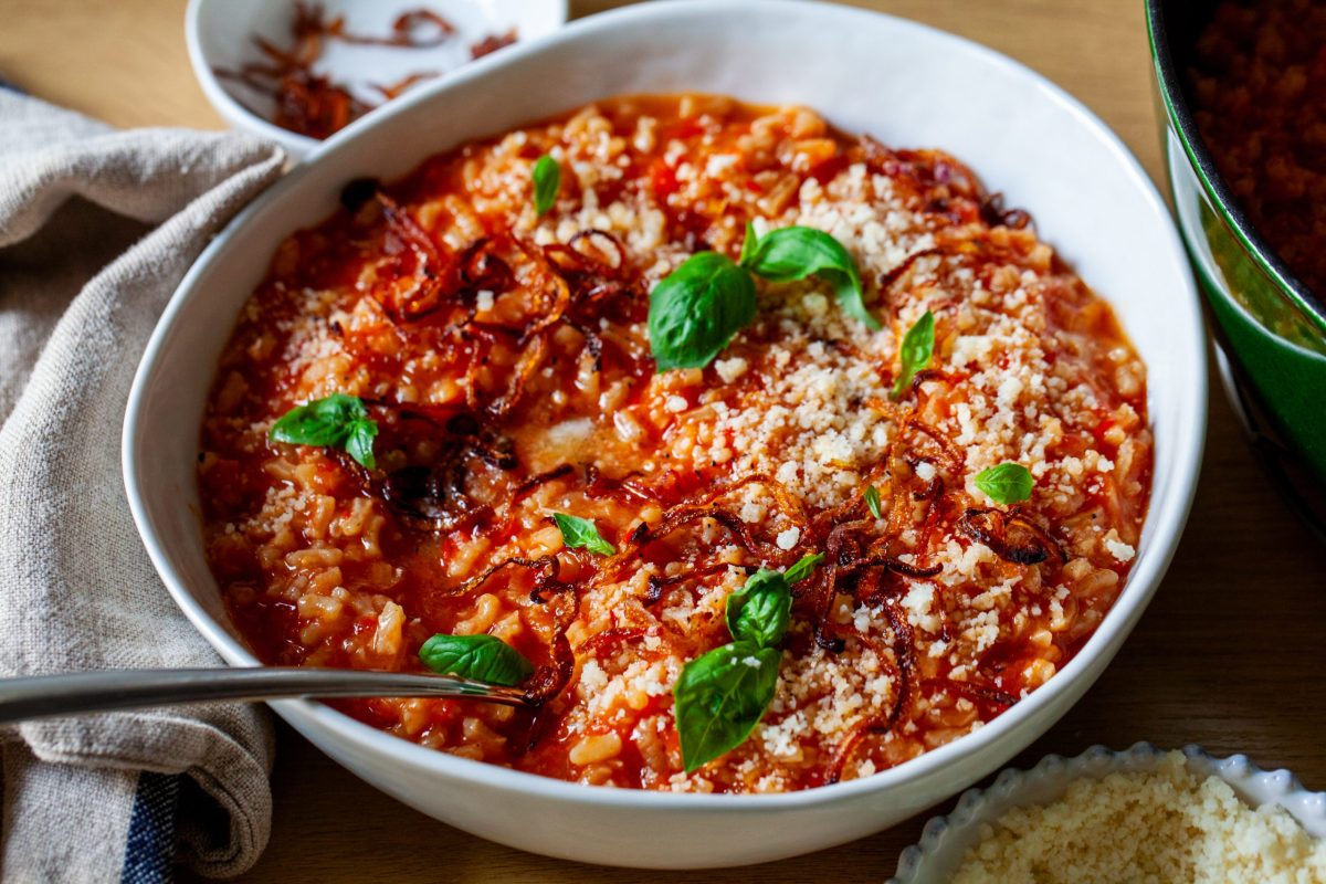 Tomato Risotto with Frizzled Red Onions