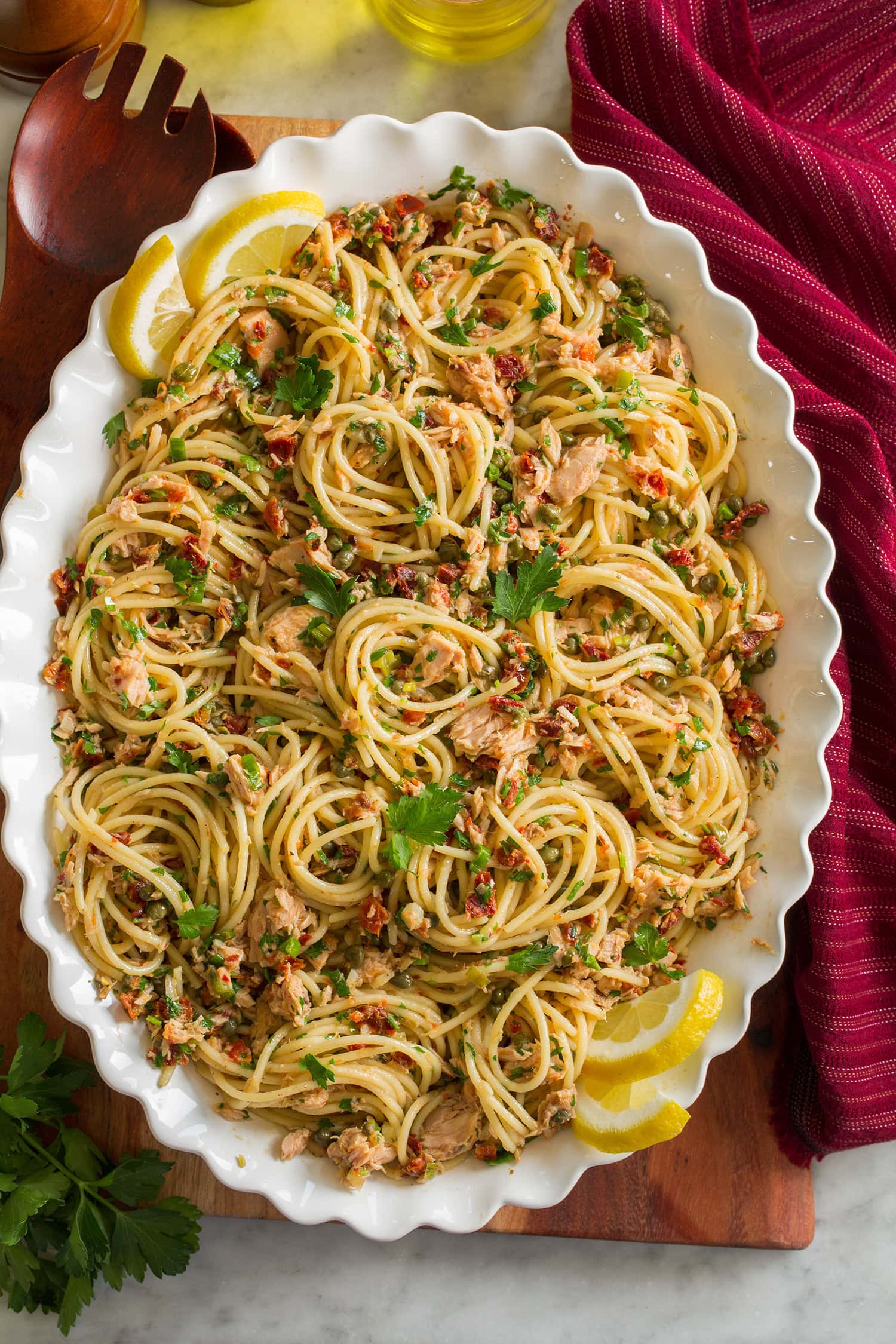 Tuna Pasta with Sun Dried Tomatoes, Capers, and Lemon